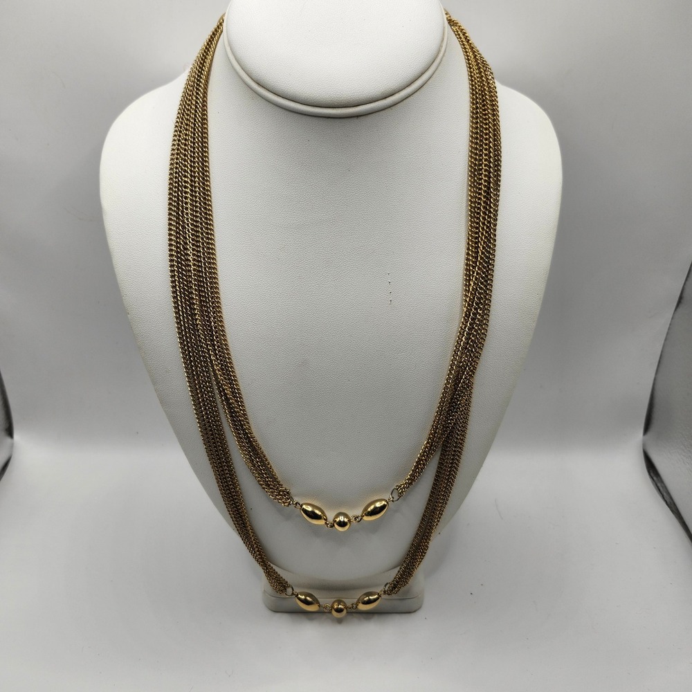 Vintage Gold Tone Multi Strand Curb Chain‎ Necklace with Polished Beads